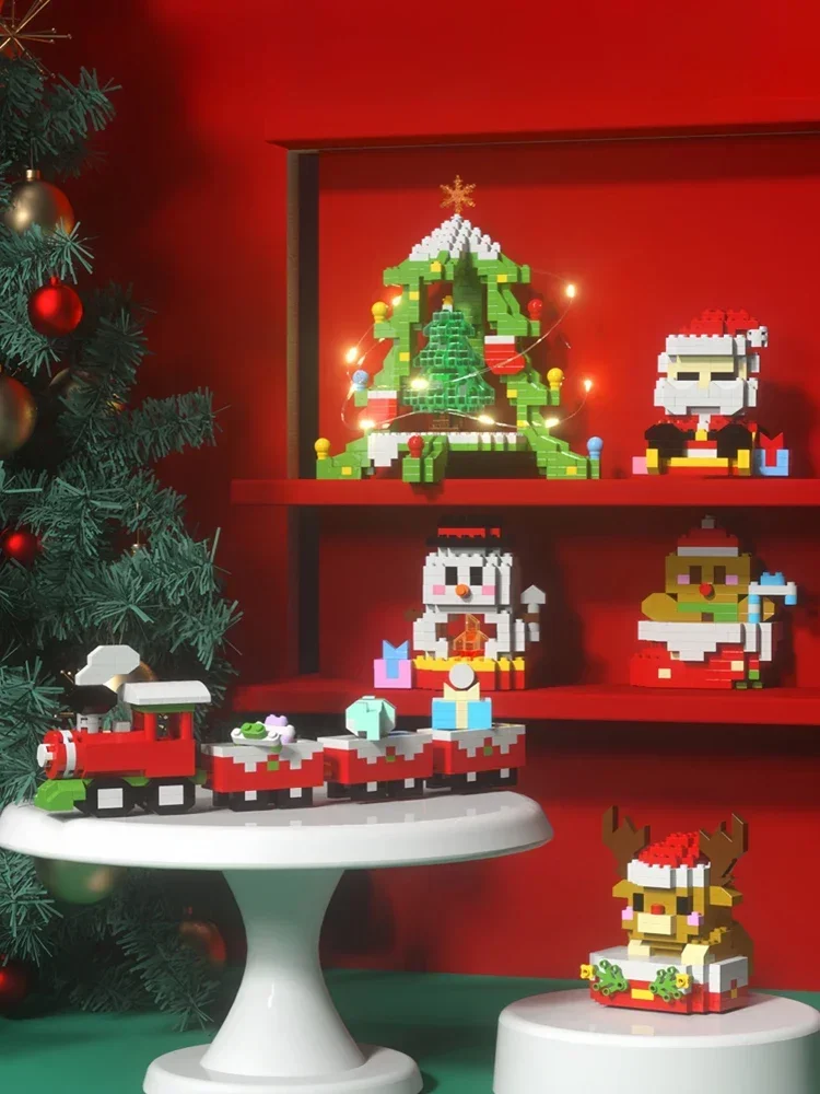 Weihnachtsgeschenke Micro Mini Bausteine – Weihnachtsmann, Weihnachtsbaum, Rentier, Schneemann, Zugelemente, Puzzle, Zusammenbauspielzeug – Detail 3