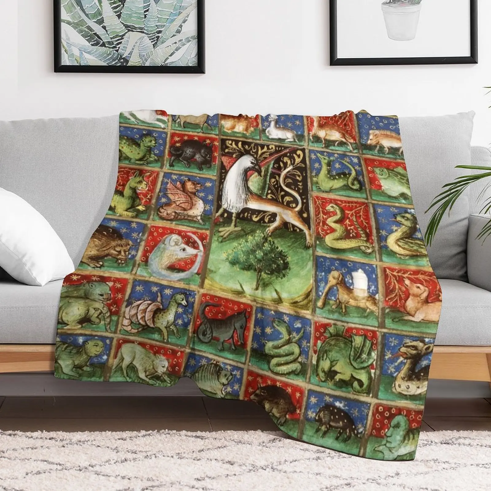 MEDIEVAL BESTIARY Fantastic Animals in Red Blue Green Gold Hues Throw Blanket Single Decorative Sofa Blankets