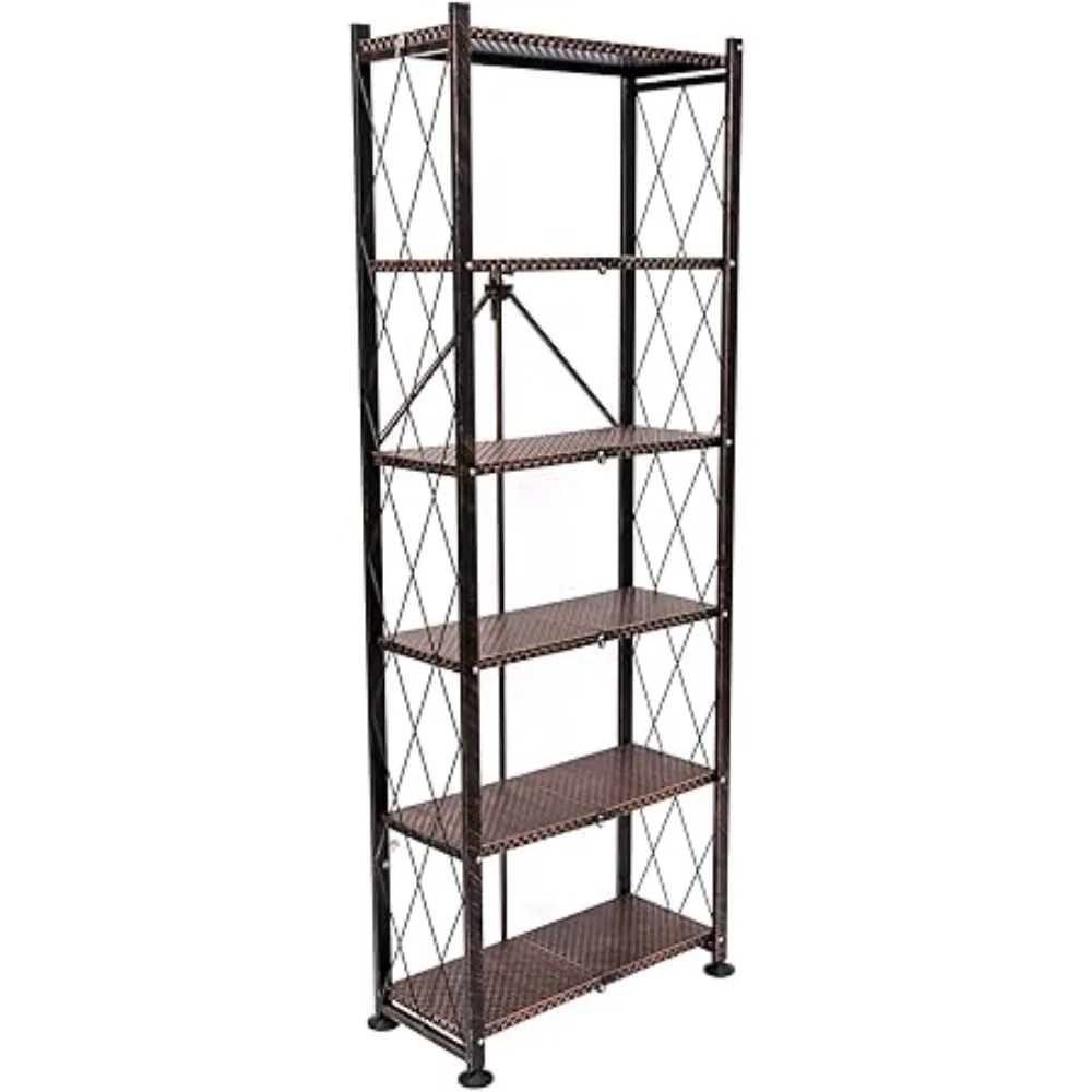 6 Tier Classic Stamped Steel Bookcase Shelf Organizer Rack with 6 Storage Shelves for Decor, Vinyl Records, and Books, Bronze