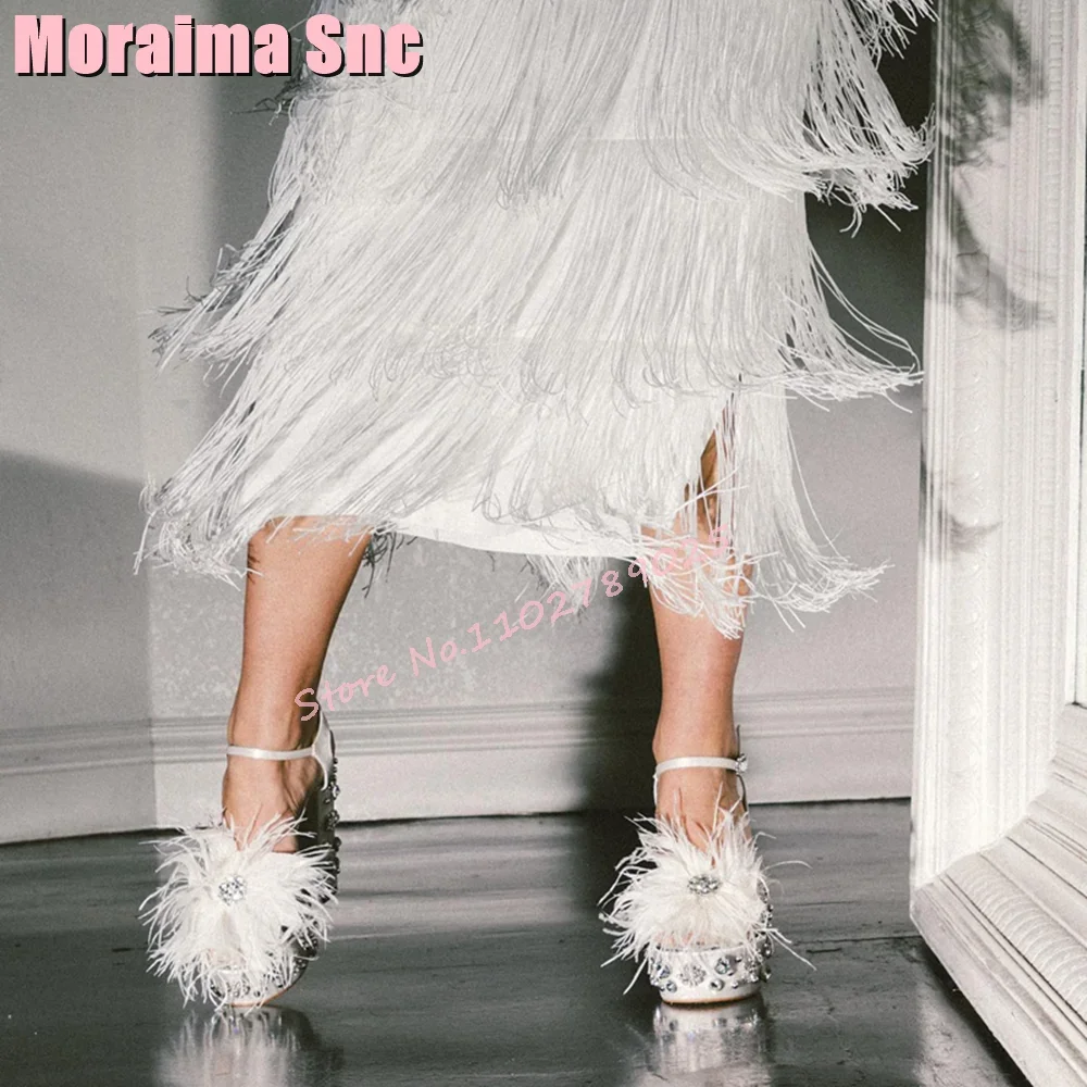 

Luxury Crystal Detailing Platform Sandals Feather Block High Heeled Sexy Fashion Women's Shoes Banquet Party Ankle Buckle Strap