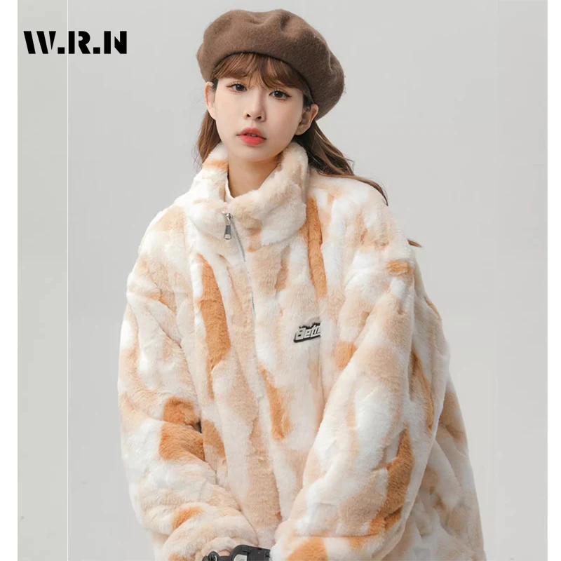 

2023 Autumn Winter Vintage Sweet Style Tie Dye Zipper Parkas Jacket For Women Oversized Outerwear Fashion Warm Thick Coat