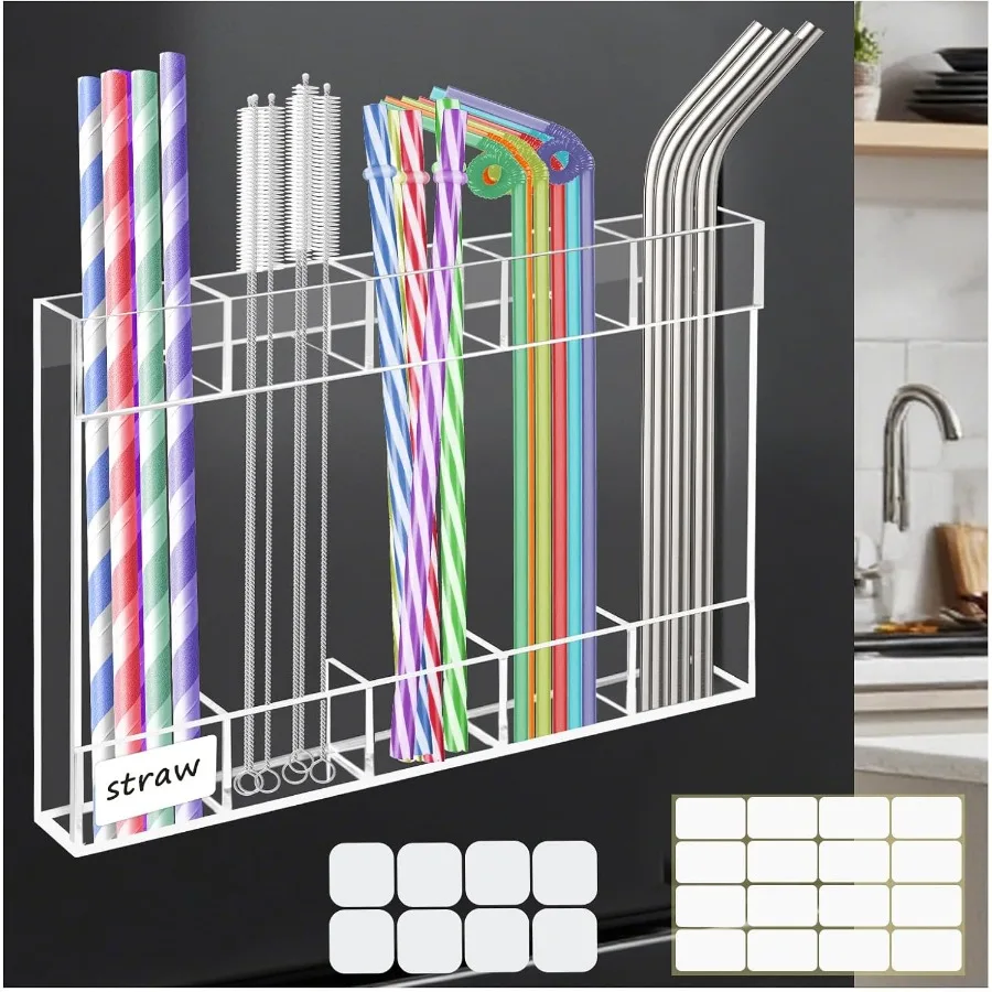 

Acrylic Straw Holder Organizer for Cabinet Door and Countertop Reusable Straw Dispenser with Strong Adhesive Backing Kitchen St
