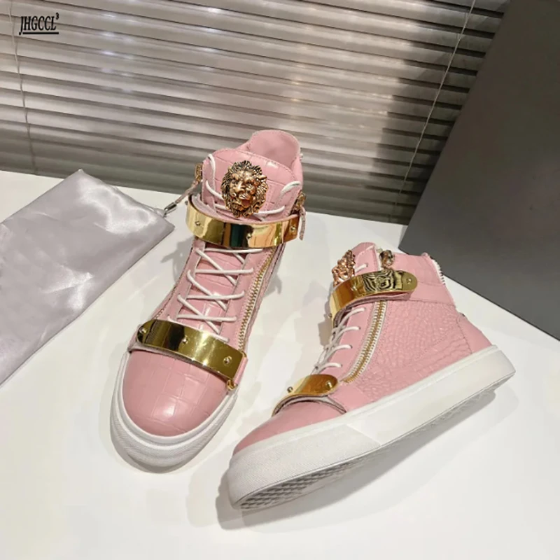 

Thick-soled sports shoes, low-top and high-top styles, trendy with double zippers, men's and women's leather round-toe flat shoe