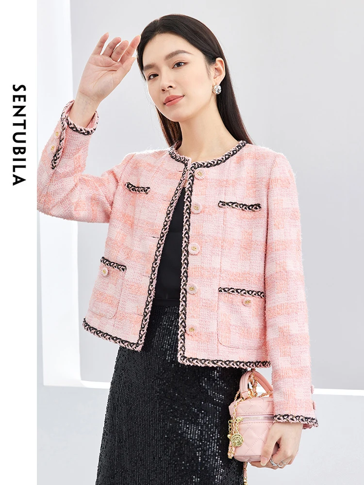 

SENTUBILA Wool Blend Tweed Jackets for Women 2025 Spring Elegant Contrast Pink Round Neck Short Coats Ladies Outerwear 141W52957