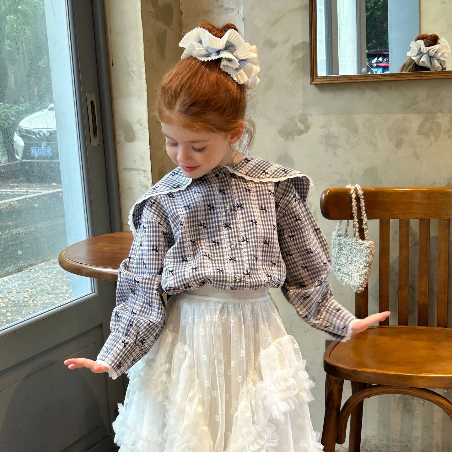 

Girls Shirt 2025 Spring and Autumn New Fashionable Gentle Turn-down Collar Checkered Bow Top Versatile