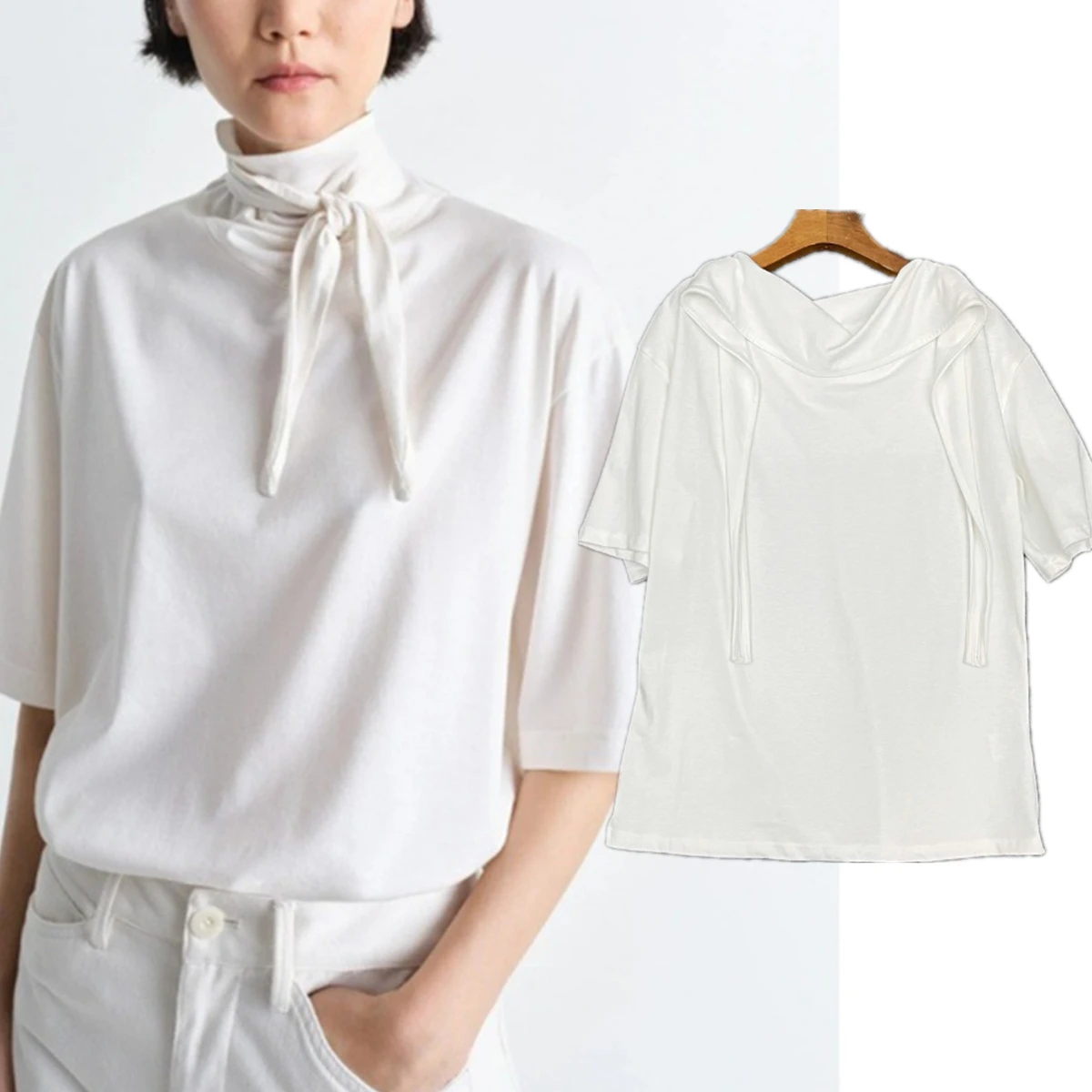 Maxdutti 2026 Summer Tops Pullover Shirt Nordic Minimalist Cotton Bow Short Sleeved Loose T-shirt Woman Clothes Female Clothing