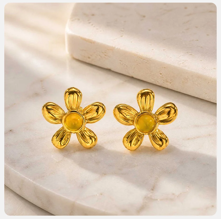 Vnox Trendige Minimalistische Vergoldete Gelbe Kristallblumen-Ohrringe aus Edelstahl, Florale Ohrringe für Party, Alltag und Hochzeit. – Detail 6