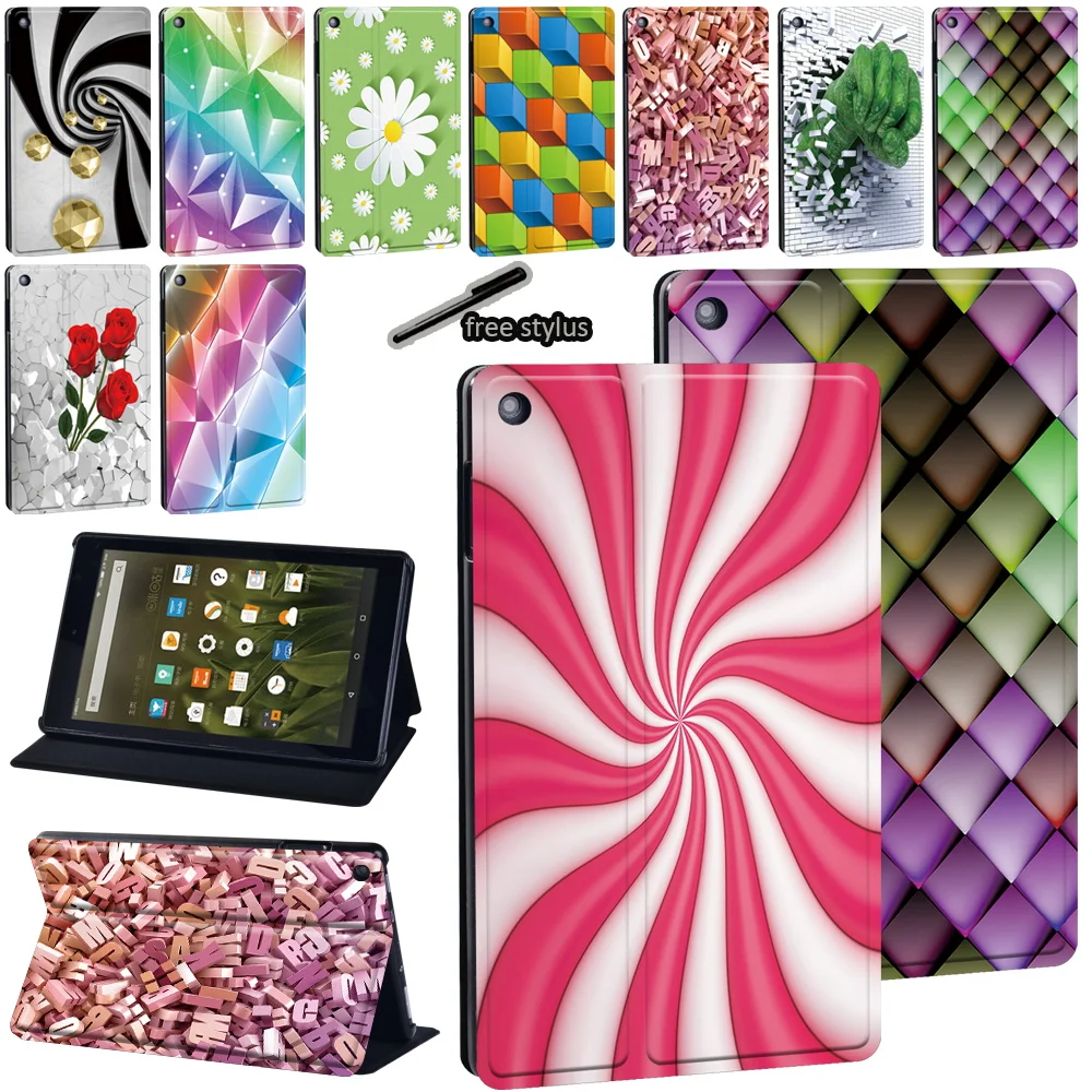 For Amazon Fire 7 /Fire HD 8 (6/7/8th)/Fire HD 10 (5/7/9th Gen) 3D art Print Pattern PU Leather tablet Stand Cover Case+Stylus