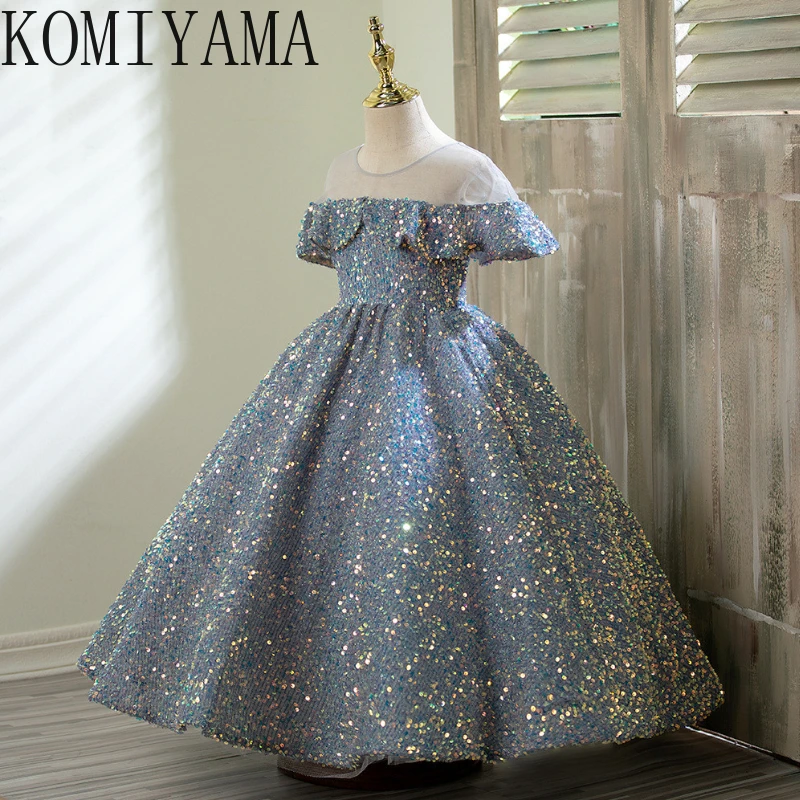 Vestido de actuación de moda con lentejuelas y temperamento elegante personalizado, vestidos de flores con volantes en cascada para niña, vestido de baile de princesa para niña