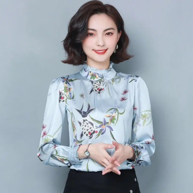 Elegant Printed Stand Collar Folds Floral Blouses Women's Clothing 2023 Autumn Winter Oversized Korean Tops Office Lady Shirts