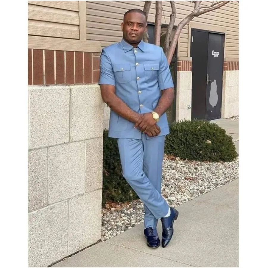

Summer Full Set 2 Piece Short Sleeve Stand Lapel Blue Men's Suits Daily Casual Outfits Custom Male Clothing Jacket Pants Set