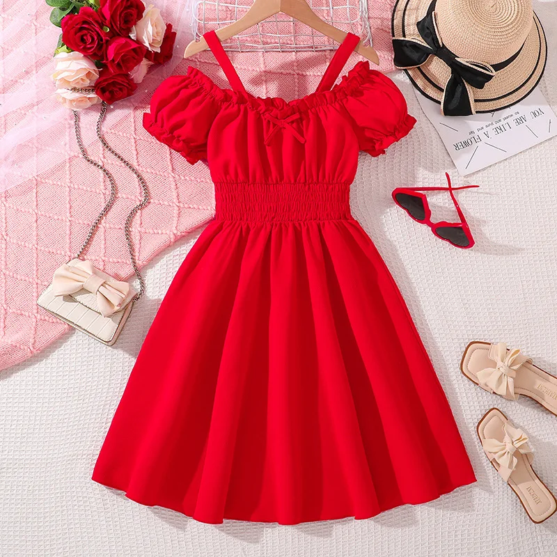 2025 New Arrival Girls Short Sleeve Ruffles Red Menina Cute Holiday Night Party Princess Dress Custume 8-12T