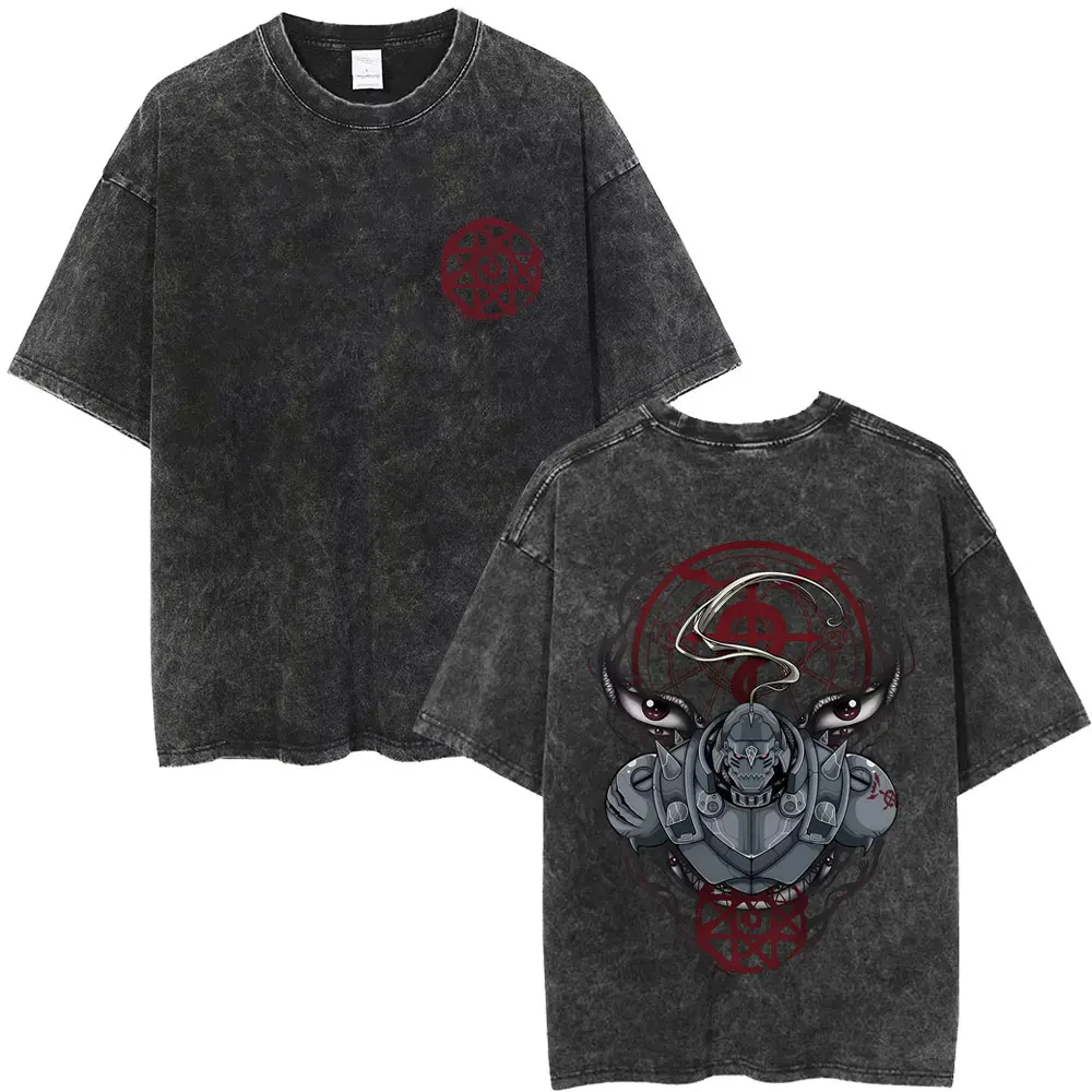 

Washed Vintage Anime Fullmetal Alchemist Alphonse Elric Graphic T-shirt Men Manga Oversized T Shirts Men's Retro Cotton T-shirts