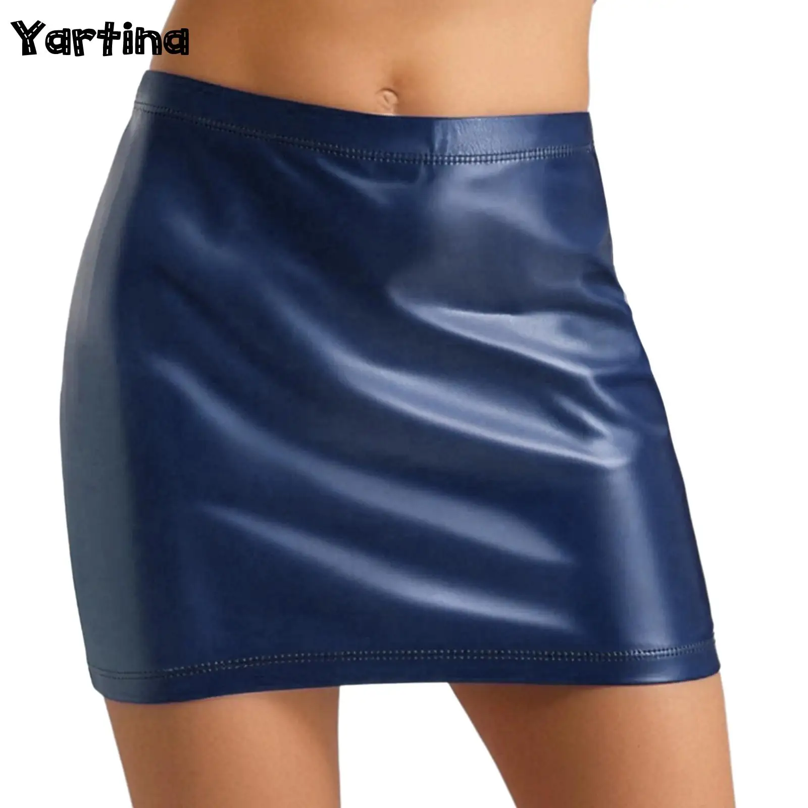 

Womens Wet Look Bodycon Latex Mini Skirt Patent Leather A-line Skirt with Lined Hip-wrapping Gothic Clubwear Cool Streetwear