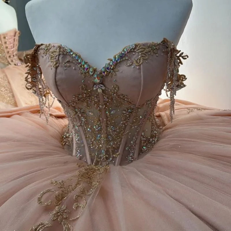 

Champagne Quinceanera Dresses Off the Shoulder Glitter Crystal Layering Decal Long tail Bow Vestido 15 Quinceanera Customized