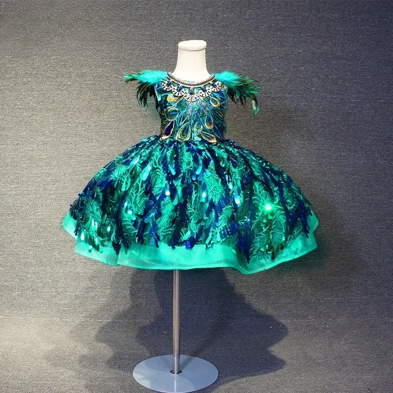 Kids Girls Green Sequin Short Party Dress Puffy Tulle Princess Gown for New Year Children Performance Fashion Show Host Pageant