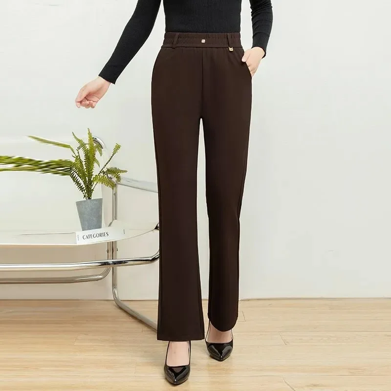 

Новые осенние женские эластичные брюки с высокой талией и карманами, модные однотонные простые тонкие и универсальные универсальные брюки