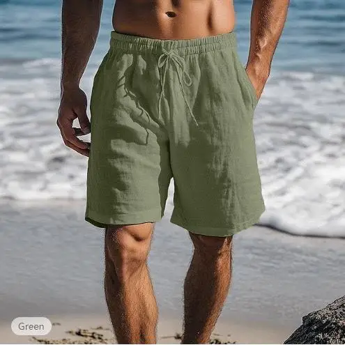 

Men's Linen Shorts Beach Five-Quarter Length Casual Sports Waistband Knot Elastic Korean Style Summer Shorts Khaki Color