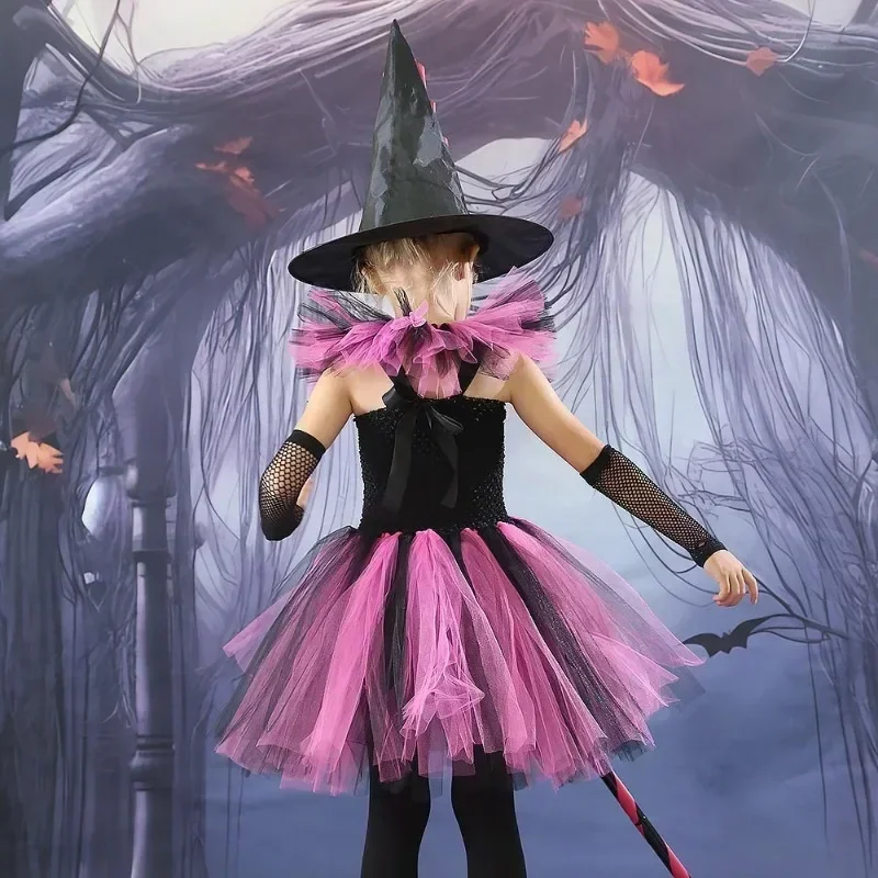 Halloween Hexen-Kostüm für Mädchen, Cosplay-Tutu-Kleid mit Hexenhut und Besen für Karneval, Kostümparty und Aufführung – Detail 15