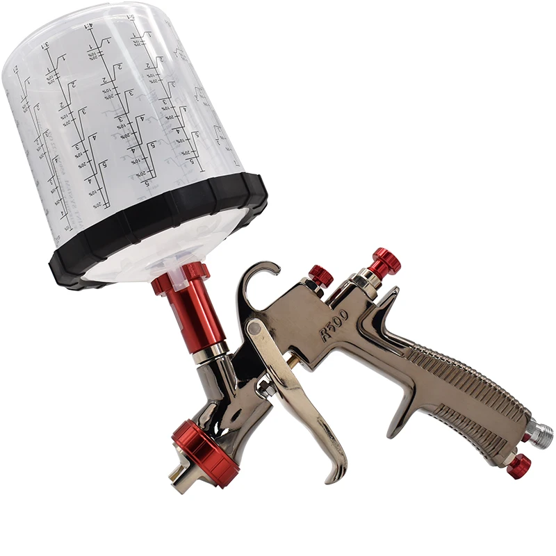 Il kit pistola a spruzzo R500 include pistola a spruzzo R500 LVLP da 1,3 mm con dieci tazze usa e getta senza puliti e filtro a manometro con adattatore
