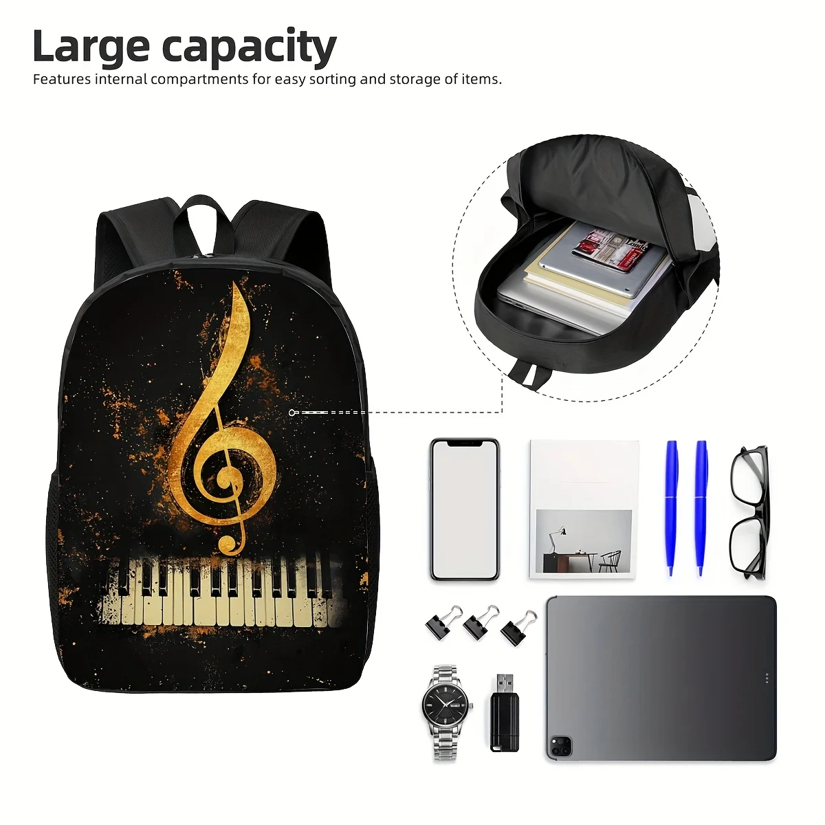 

1 Golden Triangle Piano Pattern Backpack - Stylish and Durable, Ergonomic Strap, Secure Zipper Closure, Suitable for Travel