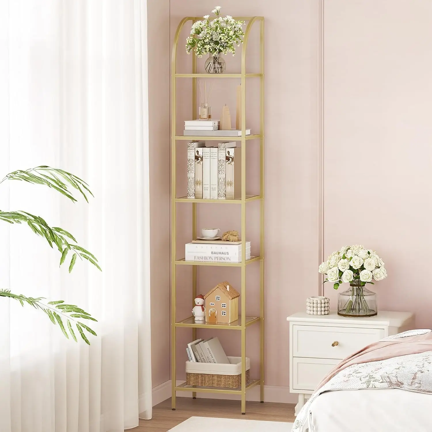 

6-Tier Tempered Glass Arched Bookshelf with Gold Steel Frame for Bedroom, Office Storage