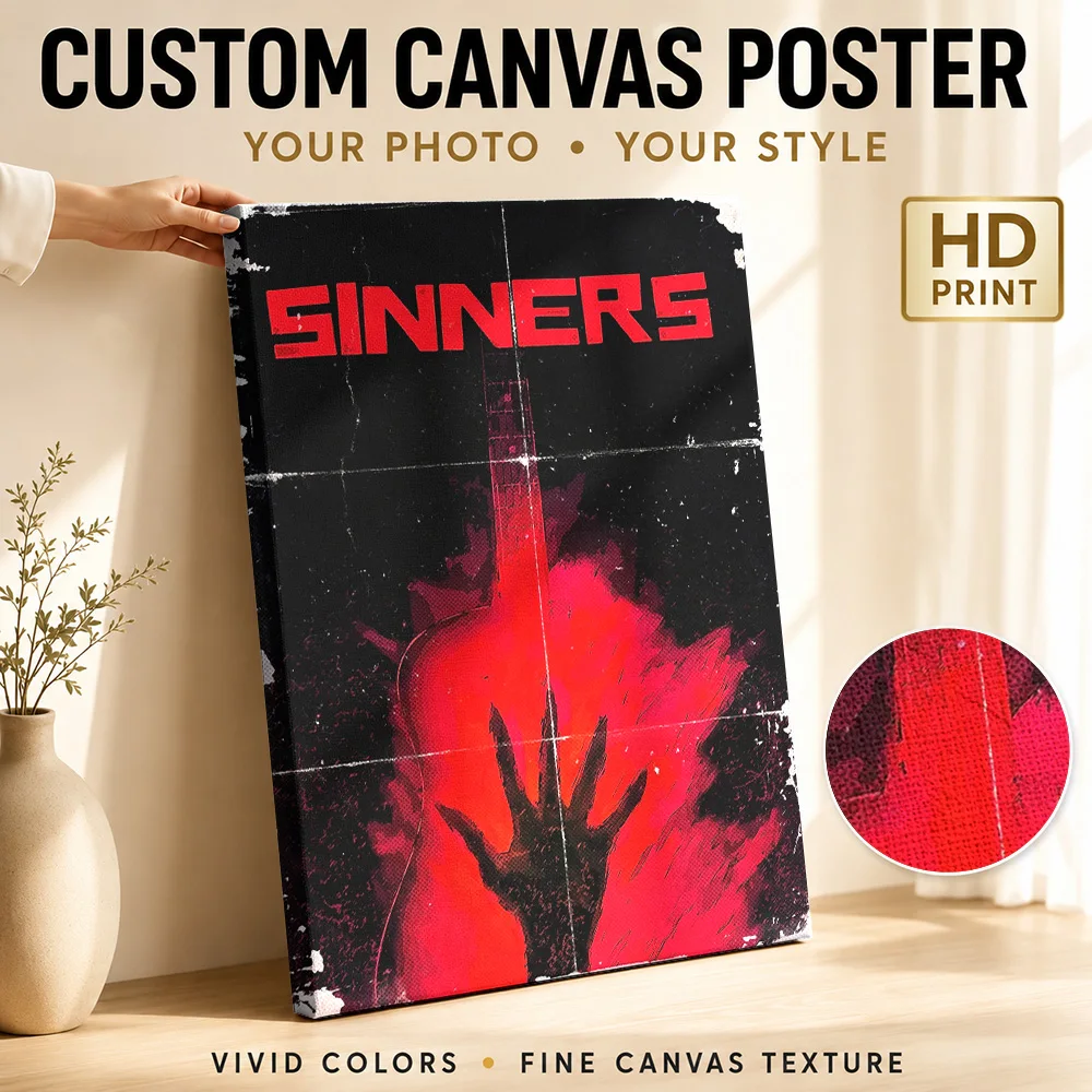 Sinners Guitar Fire Demon Hand Framed Canvas Print Poster Personalized Photo Retro Music Wall Paintings Decoration for Bedroom