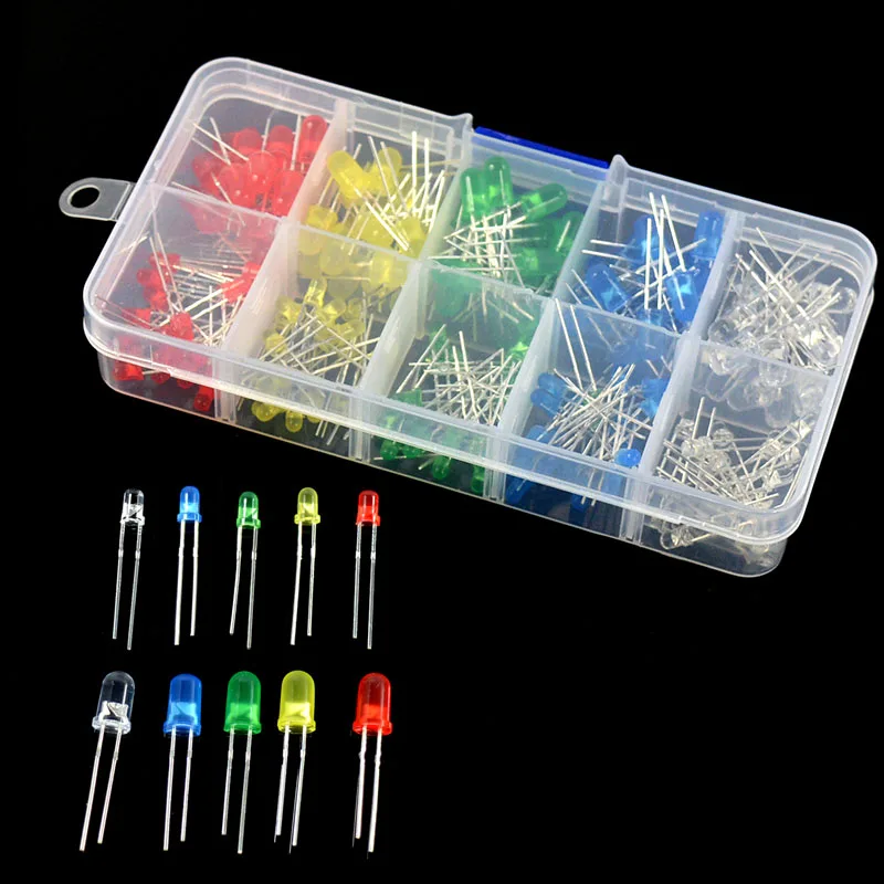 

5 Colors Round LED Light Emitting Diodes Assorted Kit 200Pcs 3V 20mA 3mm 5mm