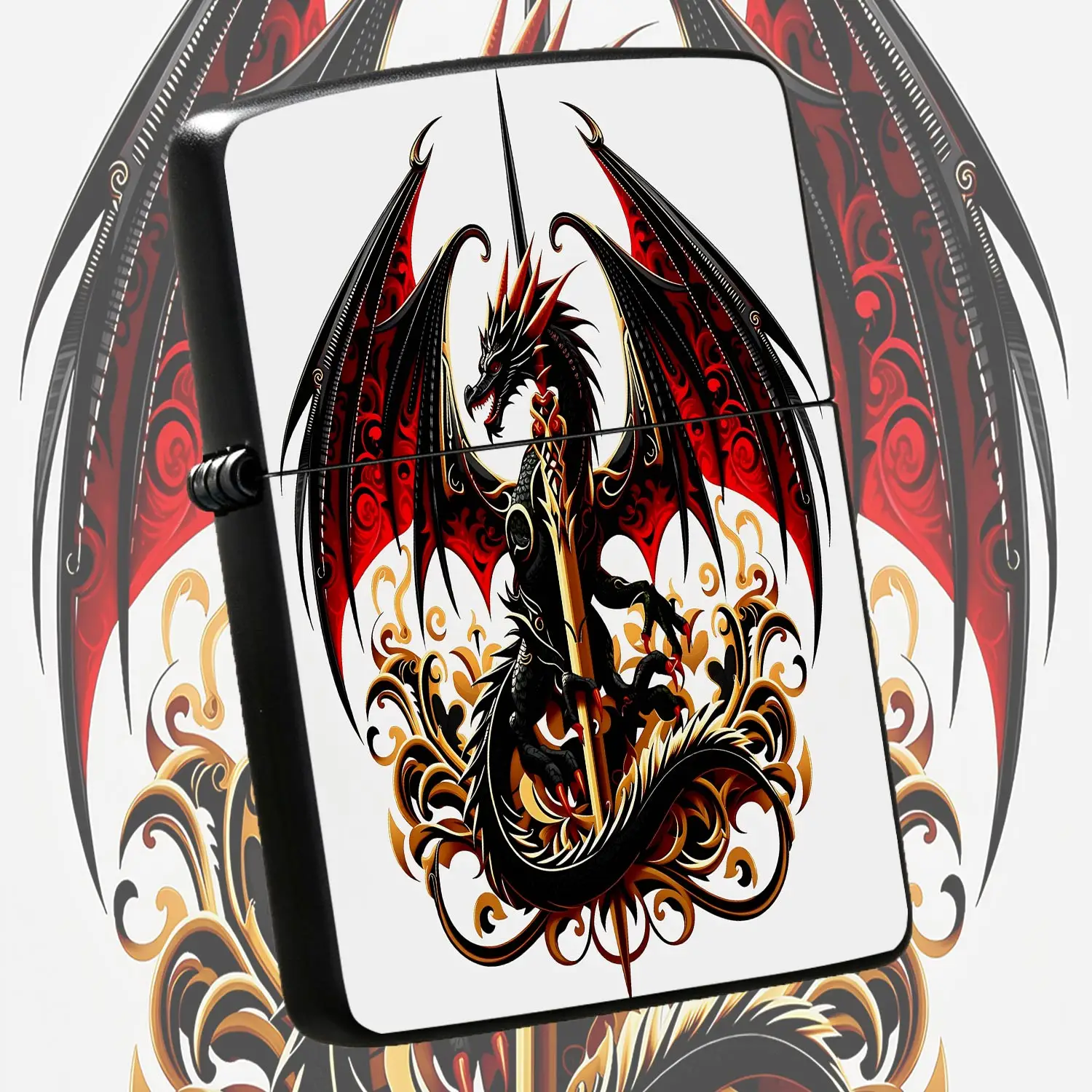 Exquisite Dragon Pattern Lighter, Stylish Black Red Winged Dragon Design With Gilded Swirling Decorations, Portable Versatile Daily Use Accessory, Ideal For Gifting Outdoor And Casual Scenarios, Unique Trendy Decorative  A Humorous And Inte