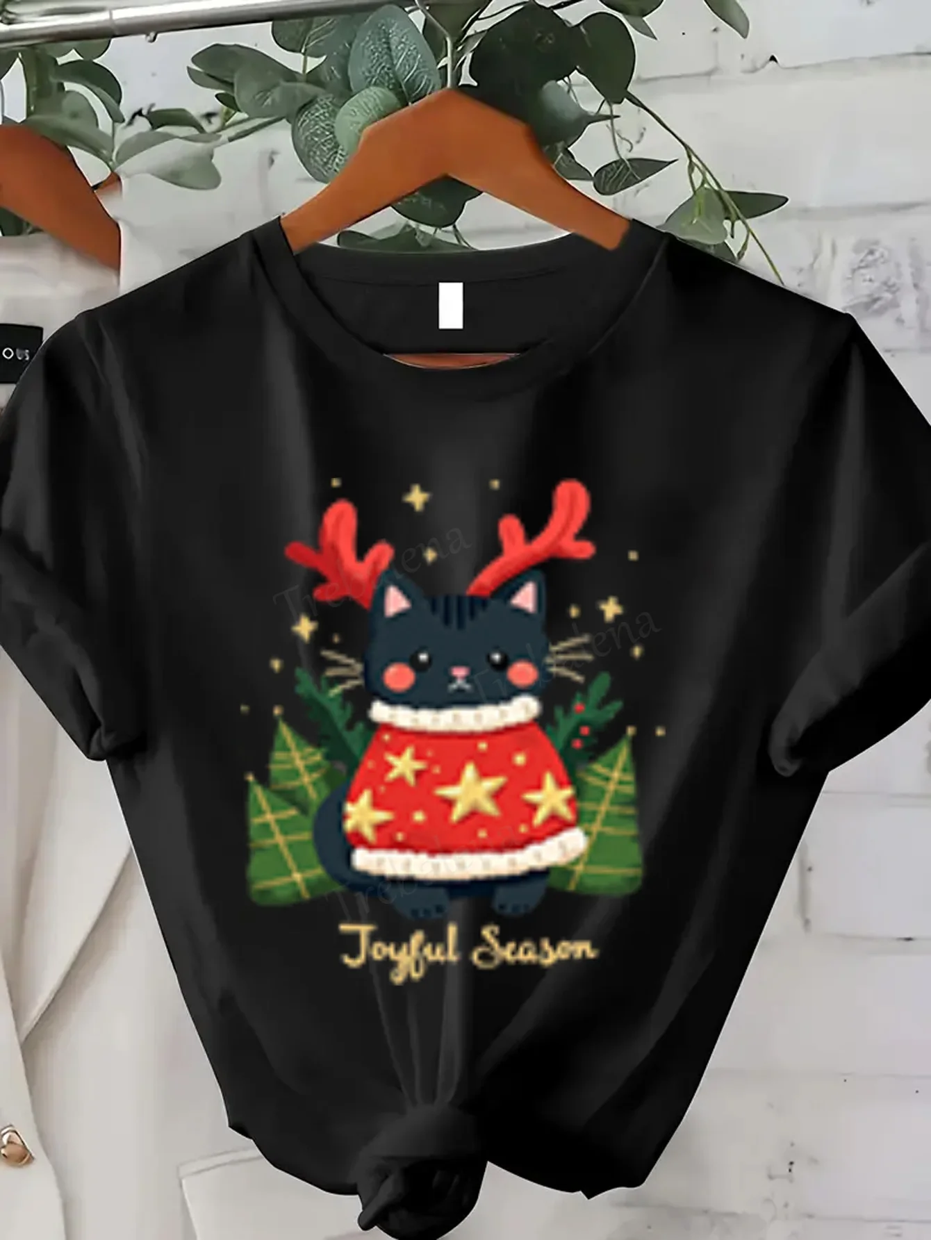 Camiseta feminina fofa de gato rena camiseta de Natal para mulheres
