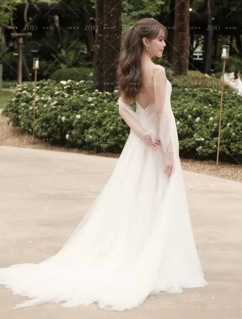 ZHIO الوهم تول فستان حفلات الزفاف قبالة الكتف مفتوحة الظهر سويب تراين فساتين السهرة كوريا فستان زفاف مخصص Malam dersress