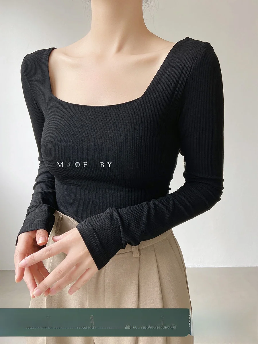 

Женская трикотажная базовая футболка с длинным рукавом, облегающая, с большим квадратным воротником, в стиле ретро, для повседневной носки, приталенная...