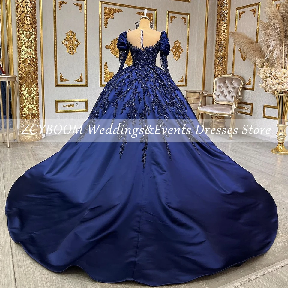 Customized Elegant Navy Blue Sequin Appliques Long Sleeves Quinceanera Evening Dress 2024 Ball Gown Princess Prom Dress