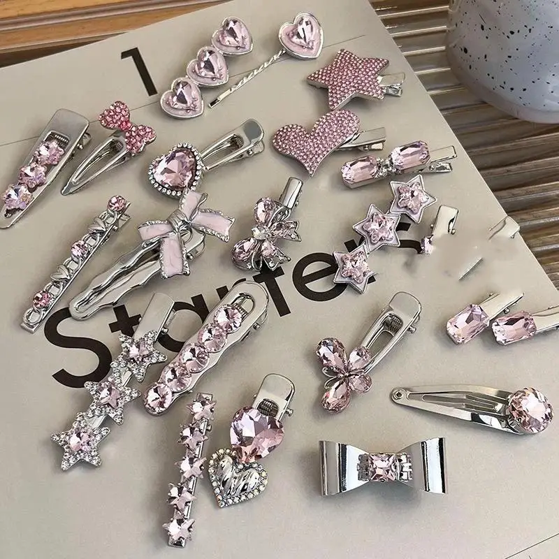 Fashion Luxury Crystal Hairpins Vintage Heart Pink Rhinestone Silver Hair Clips For Women Girls Sweet Barrettes Hair Accessorie