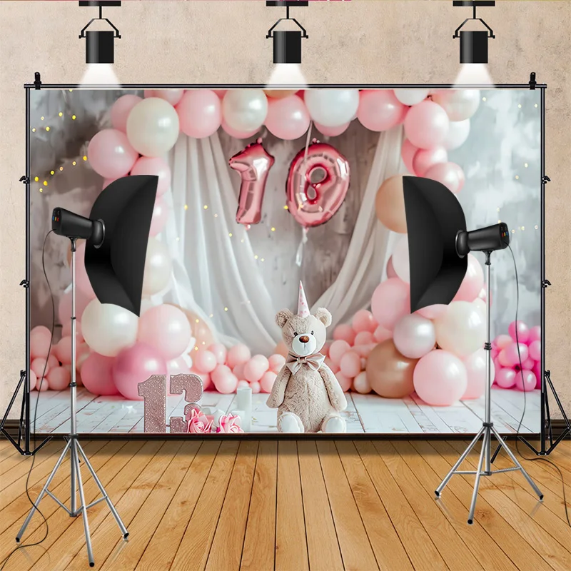 Happy Birthday  Photography Background  Number Pink Bear doll Hydrogen balloon Floral  Baby  Party  Backdrops  SR-80