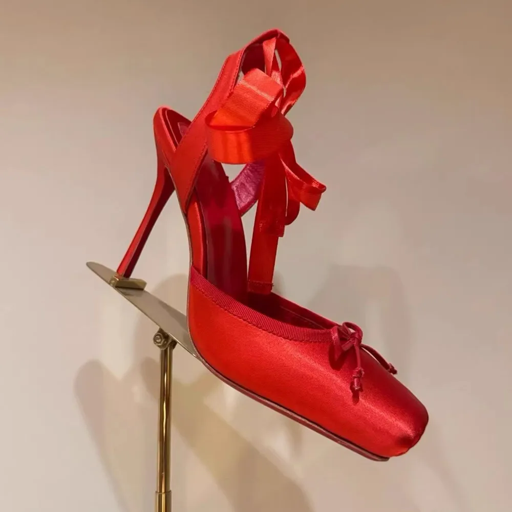 2026 Women Summer High Heeled Shoes for Woman\'s Square Toe Thin Heels Butterfly-Knot Pumps Sexy Ladies Ankle Strap Wedding Shoes