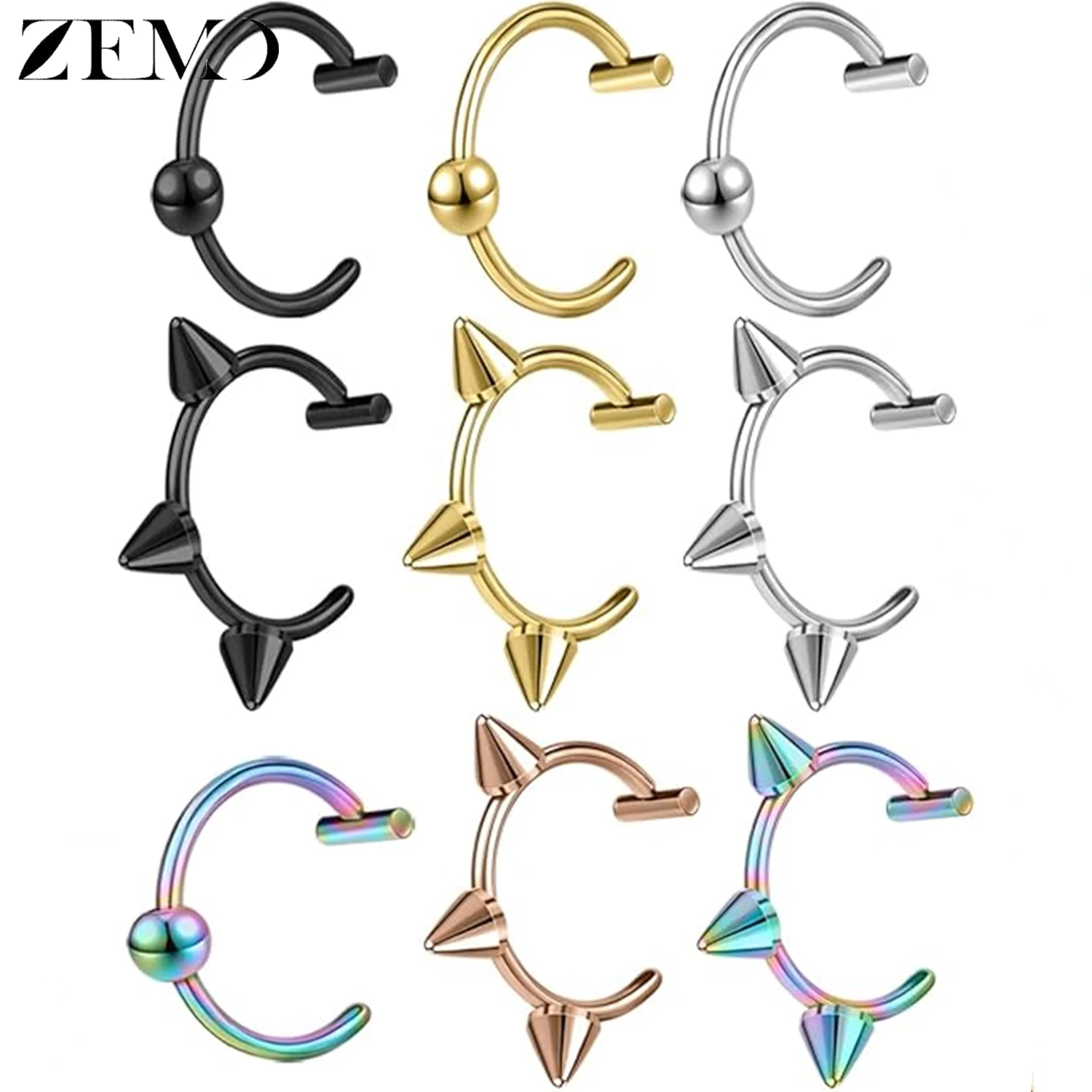 ZEMO 1 Piece 18G Stainless Steel Fake Clip Lip Ring Spike Labret Piercing Colourful C Shape Lip Cuff Earring Non Piercing Jewely