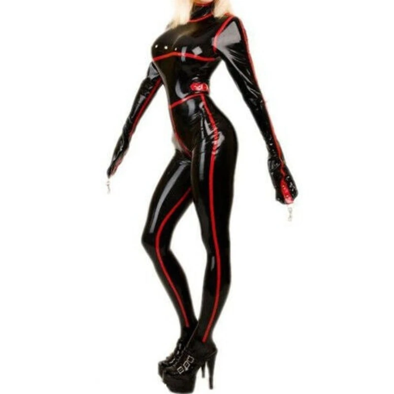 Latex Gummi Catsuit Sexy Cosplay Schwarz Rot Overall Tight Bodysuit XS-XXL 0.4mm Women Cool Bondage Jumpsuit