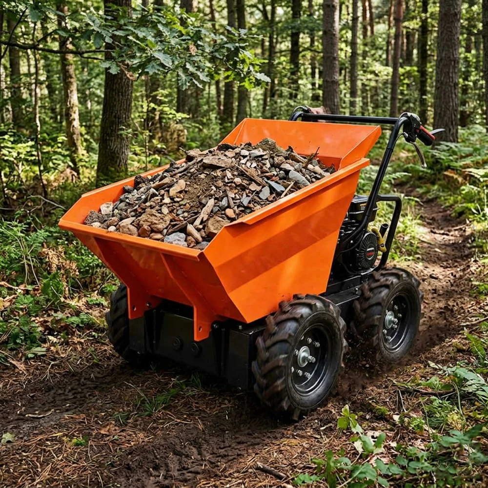 

660 фунтов. Грузовая тележка-самосвал на бензиновом двигателе, Briggs CR950, 208 куб. см, 6,5 л.с., коробка передач 3F+1R, полноприводная.