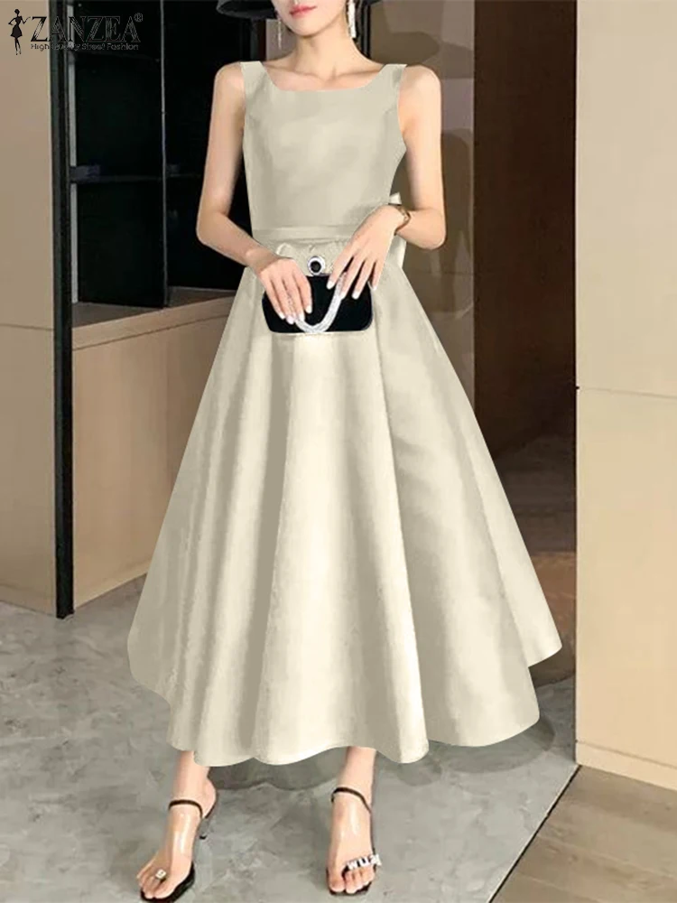 2025ZANZEA Elegante Lange Jurk Vrouwen Zomer Zonnejurk Mode Mouwloos Satijn Zijde Tank Vestido Terug Boog Sexy Feestavond Gewaad
