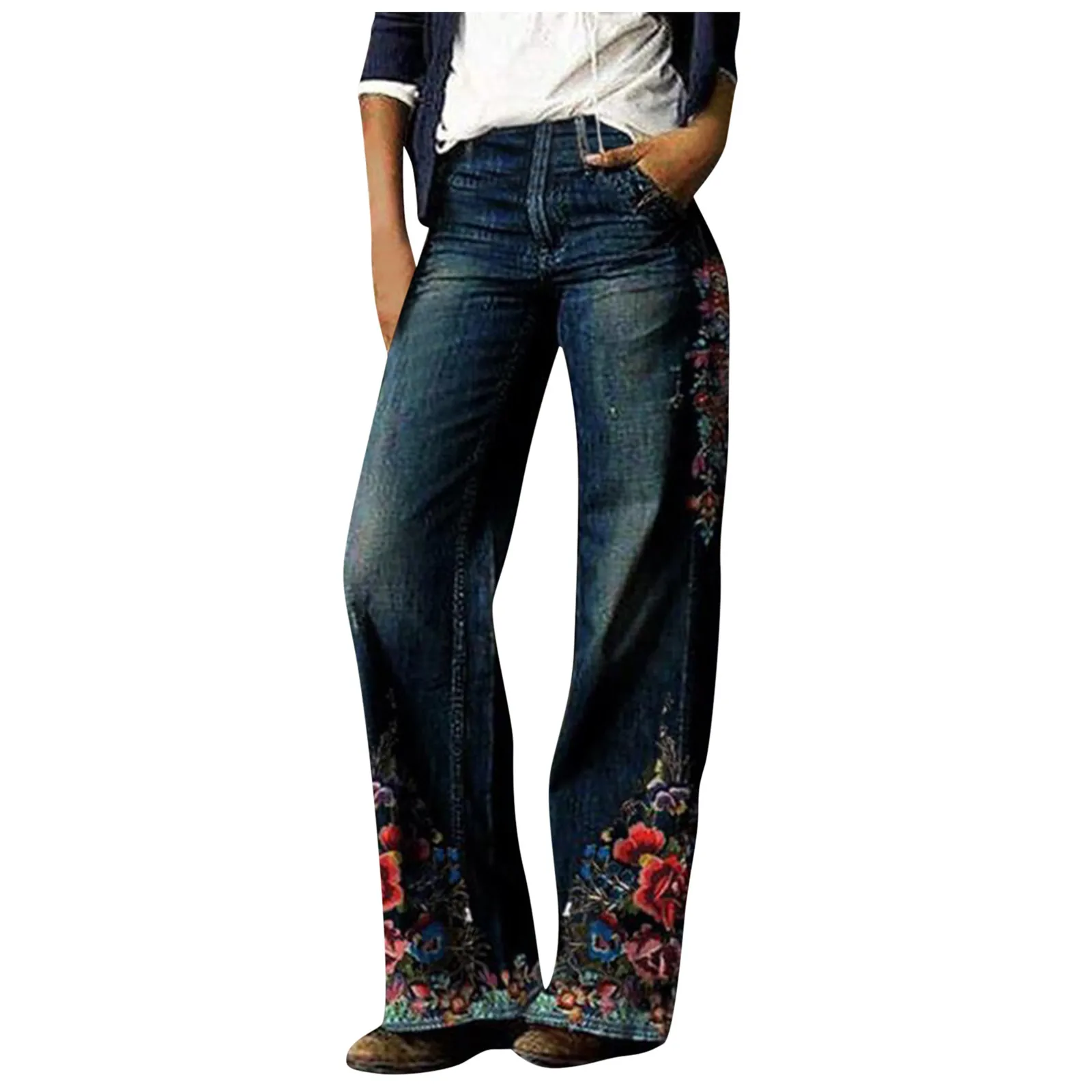 American Wash alte Big Print Micro Flare Jeans weibliche Retro lose gerade Hosen hohe Taille drapierte lässige Jeans hose