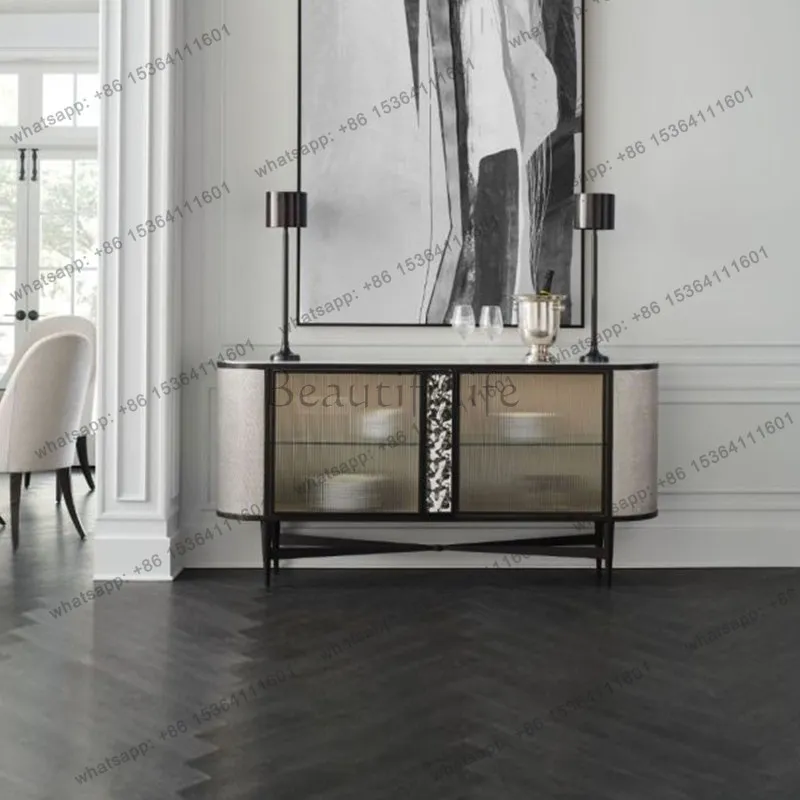

American light luxury dining side cabinet, modern villa high-end solid wood glass entrance cabinet