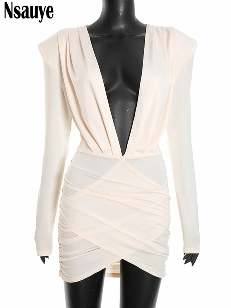 Nsauye Sexy Women Low Cut Out V Neck Elegant Night Club Evening Party Dress Long Sleeve Mini Wrap New Fashion Dress 2025 Winter