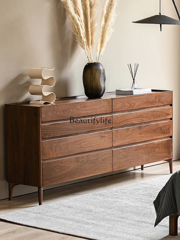 North American black walnut eight-bucket cabinet, Nordic log storage against the wall, simple drawer cabinet