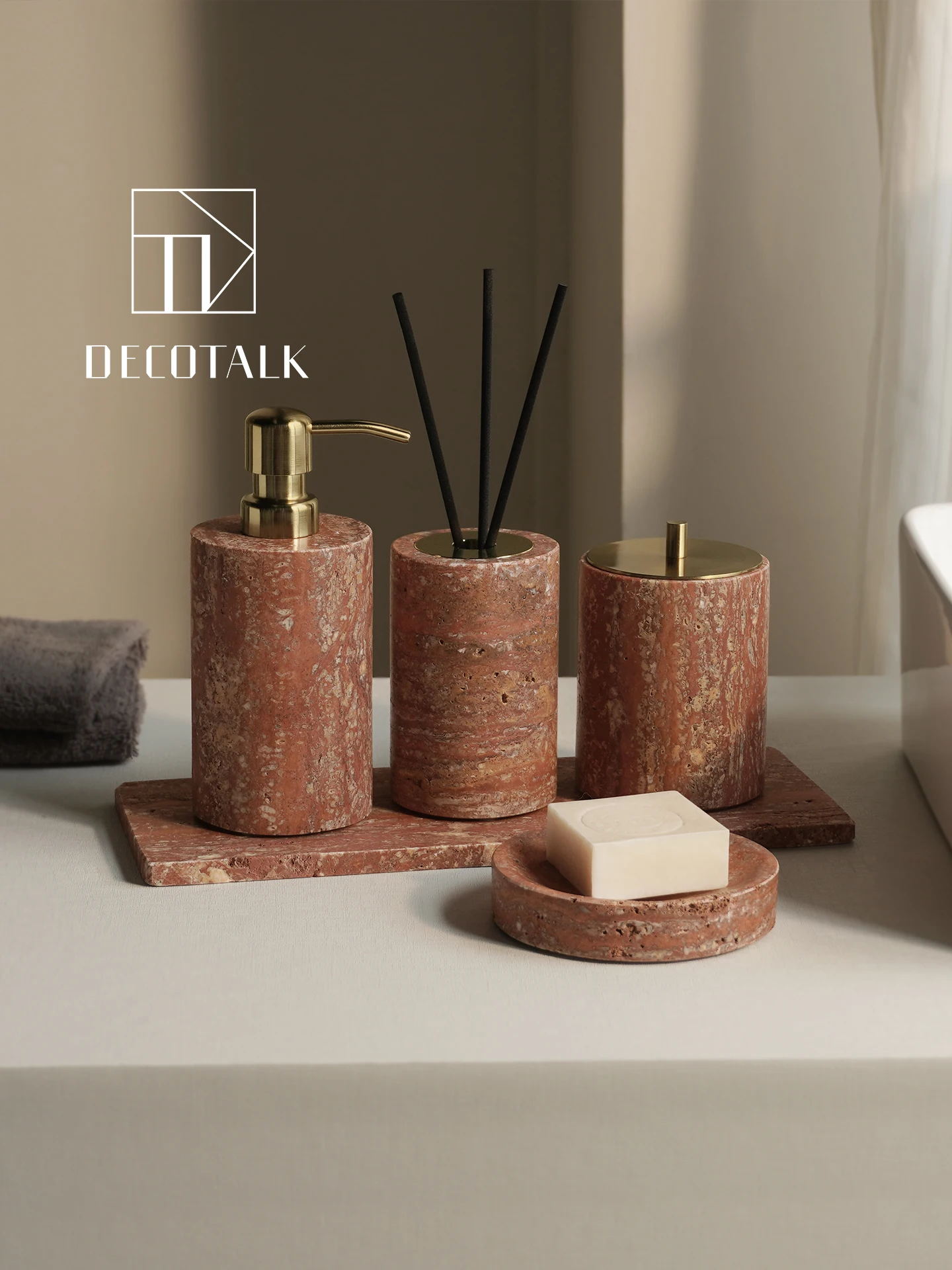 

Набор для ванной DecoTalk из натурального красного камня: минималистичный поднос для ароматерапии, коробка для салфеток, декор для дома из камня