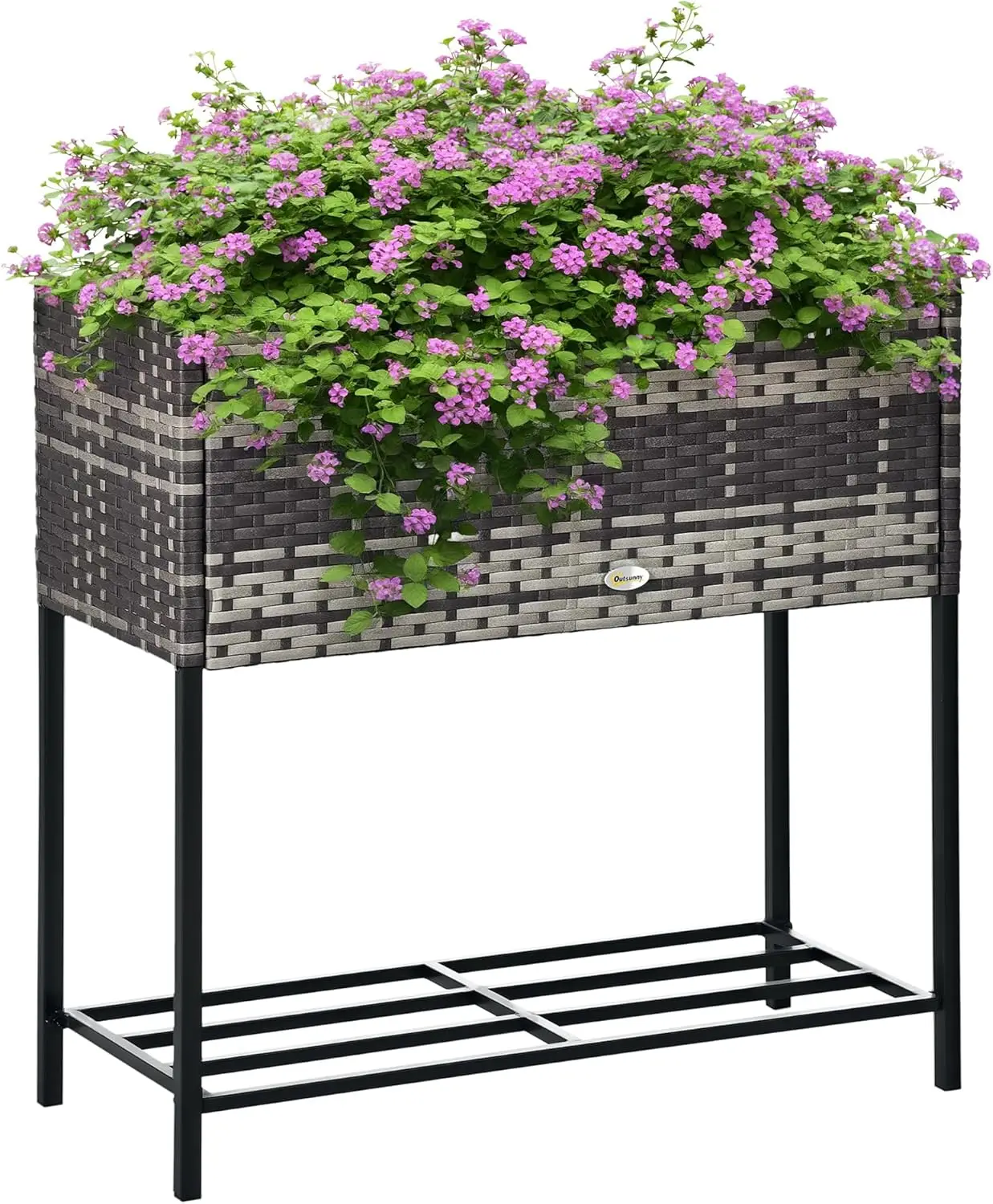 

Raised Garden Bed, Elevated Planter Box with Rattan Wicker Look, Tool Storage Shelf, Portable Design for Herbs, Vegetables, Flow