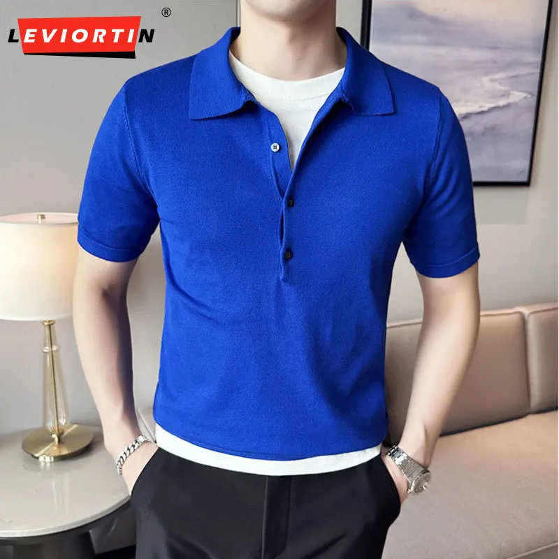 

New Trend Summer Men's Solid Color Simple Short-sleeved Polo Shirt British Slim Lapel Knitted Casual Slim Fit V-neck Polo Shirt