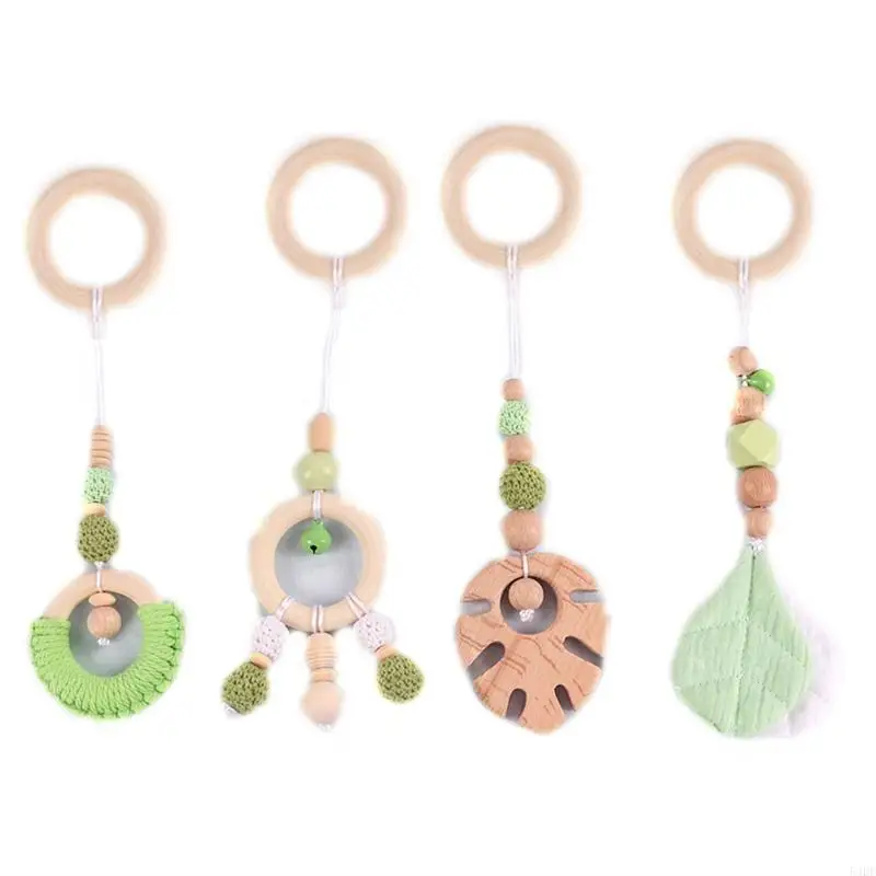 

54DF 4pcs Newborn Beads Leaves Wooden Children's for Play Gym Toy Teether Baby Room Hanging Pendant Decors for Baby Kids