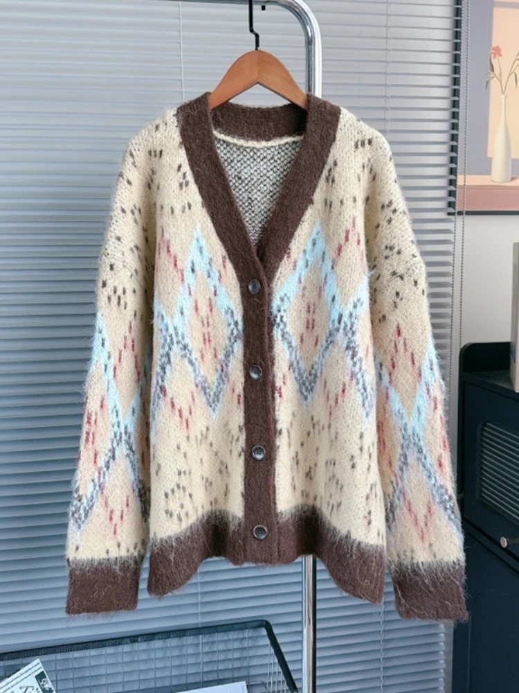 

2025 New Lazy Style Sweaters Contrast Color Single Breasted Jacquard Cardigan Fashion Vintage Knit Tops All Match Women Clothing