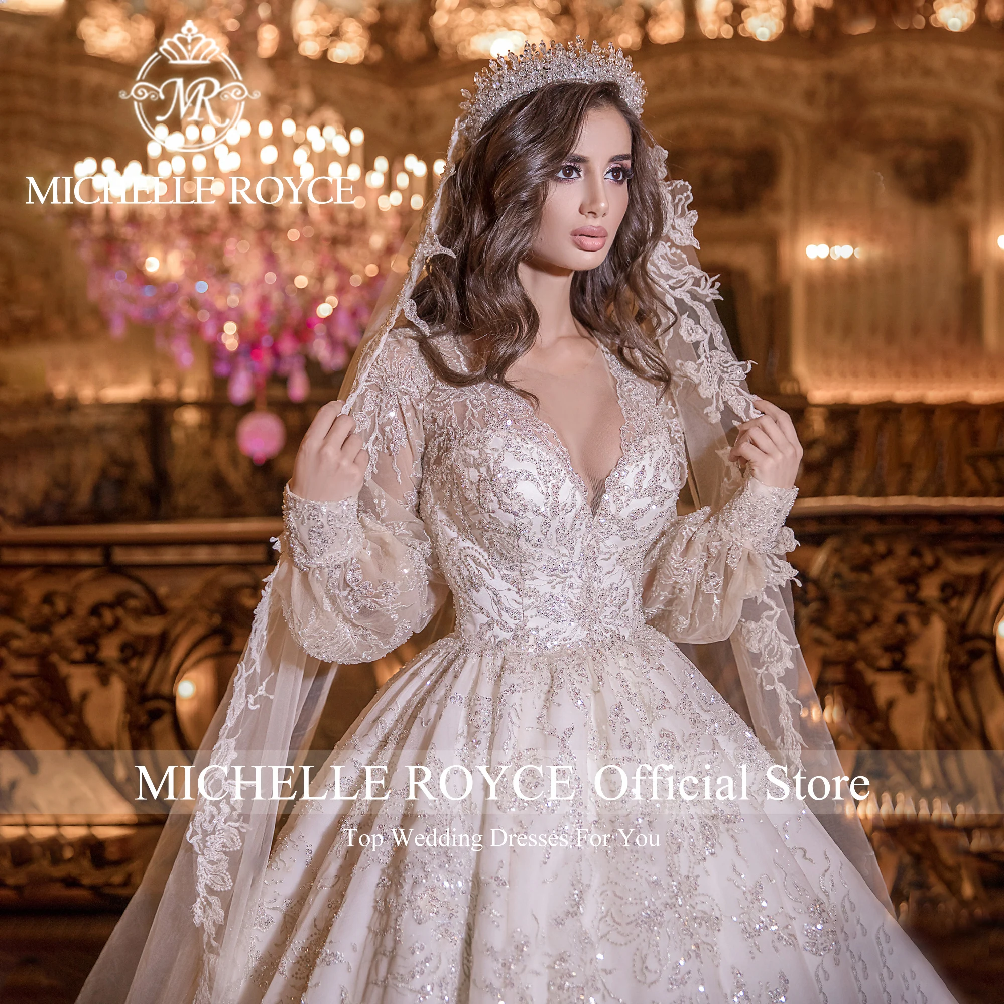 Michelle Royce Luxus Ballkleid Brautkleider für Frauen Puff ärmel schimmernd Pailletten Brautkleid Vestidos de Novia